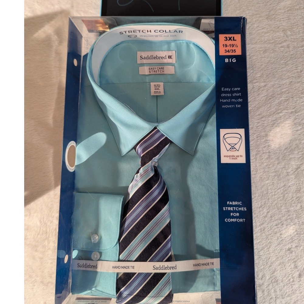 Saddlebred Dress Shirt & Tie Mens 3XL Blue New Stretch Collar Big & Tall 34/35